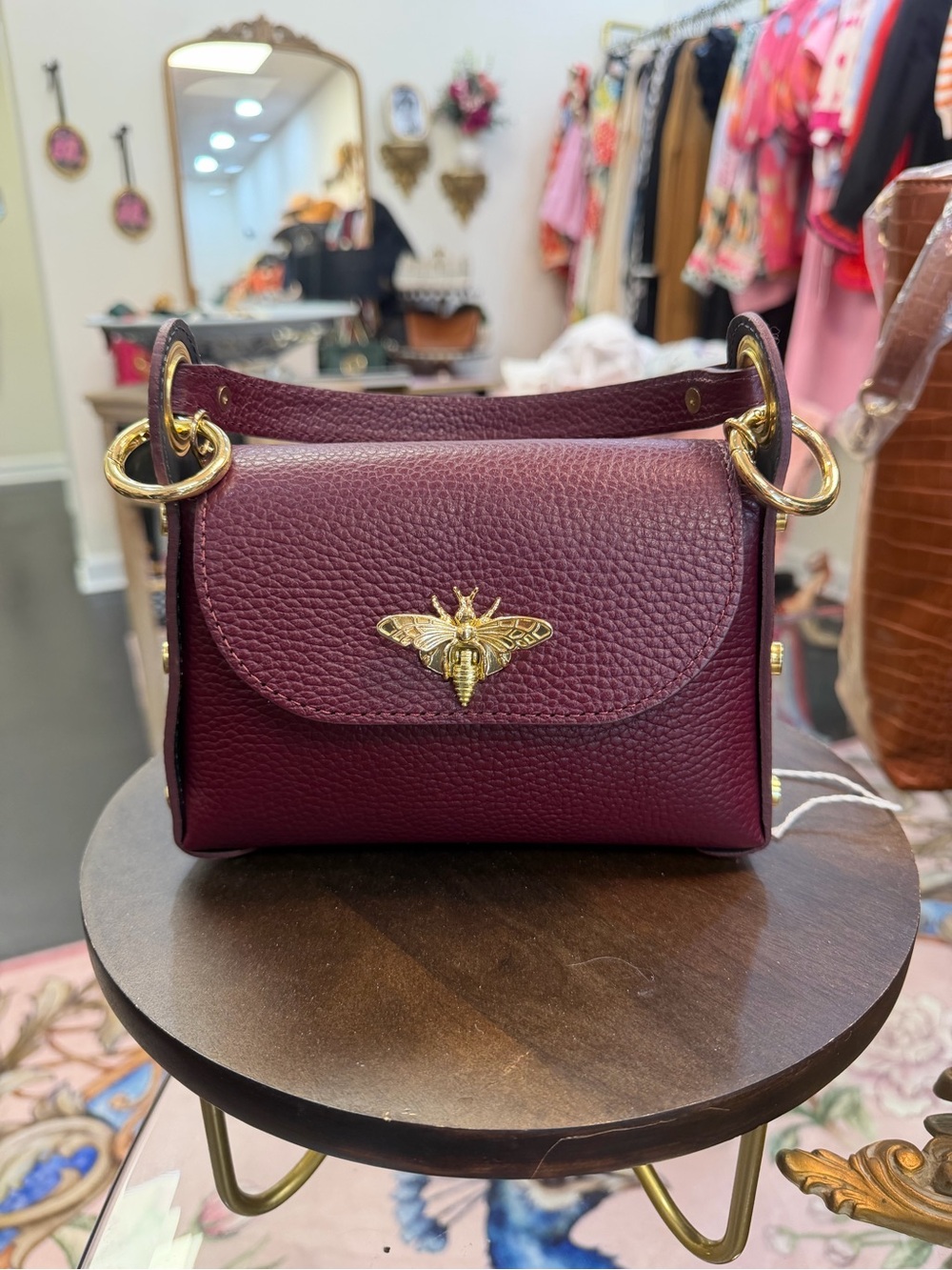 Bee-Embellished Burgundy Leather Crossbody Bag
